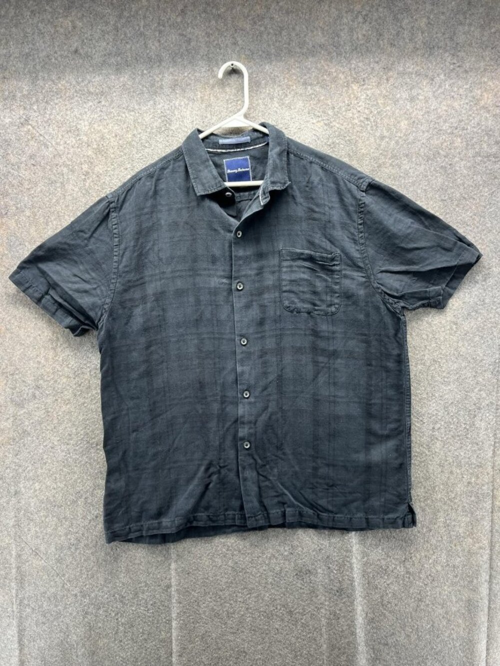 Tommy Bahama Shirt Men XL Black Plaid Linen Short Sleeve Button Up Relaxed Fit